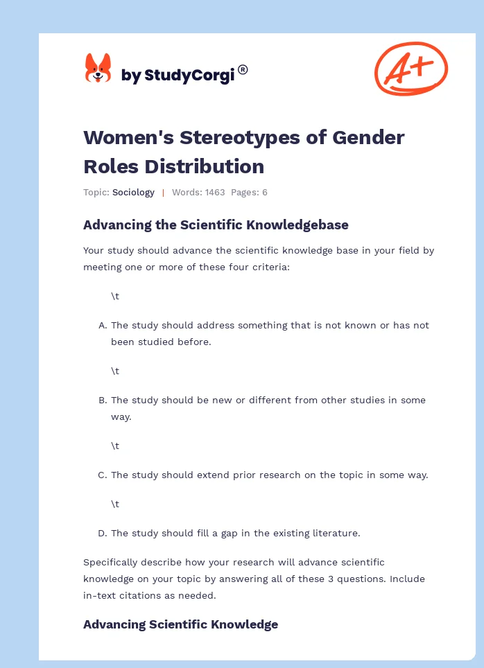 Women's Stereotypes of Gender Roles Distribution. Page 1
