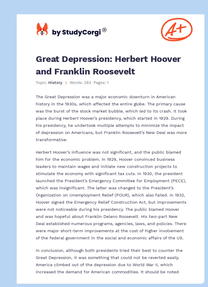 Great Depression: Herbert Hoover and Franklin Roosevelt. Page 1