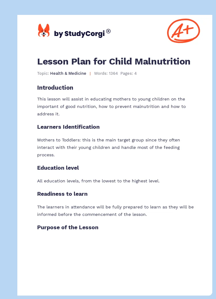 Lesson Plan for Child Malnutrition. Page 1