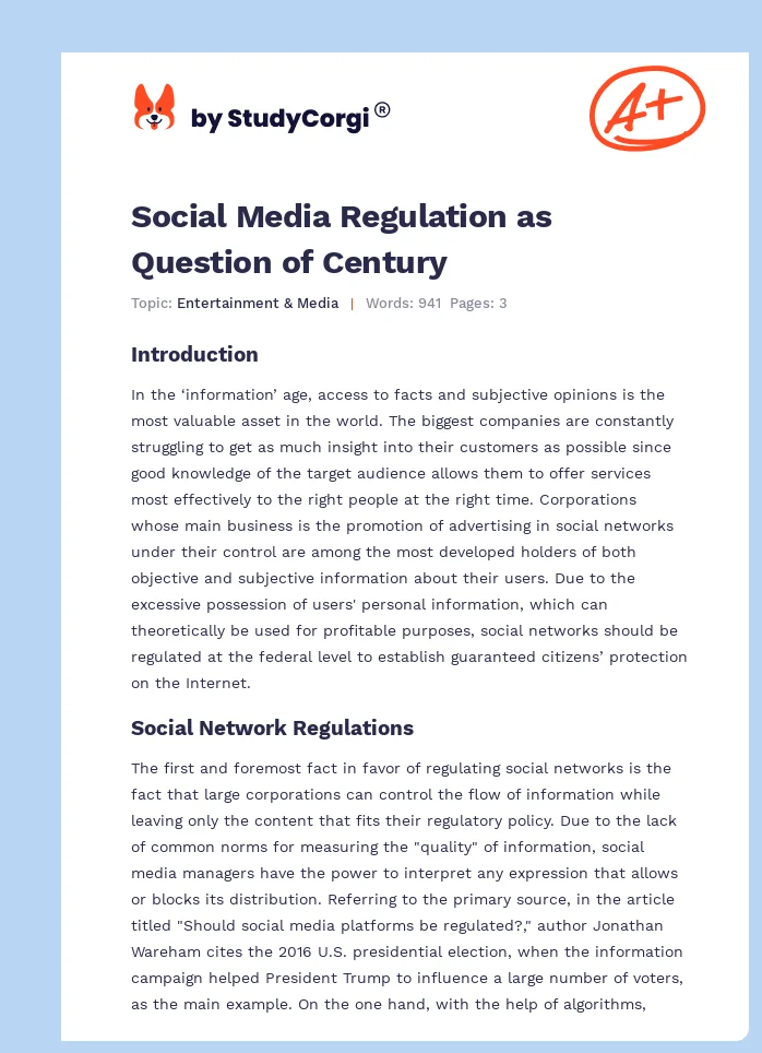 Social Media Regulation as Question of Century. Page 1