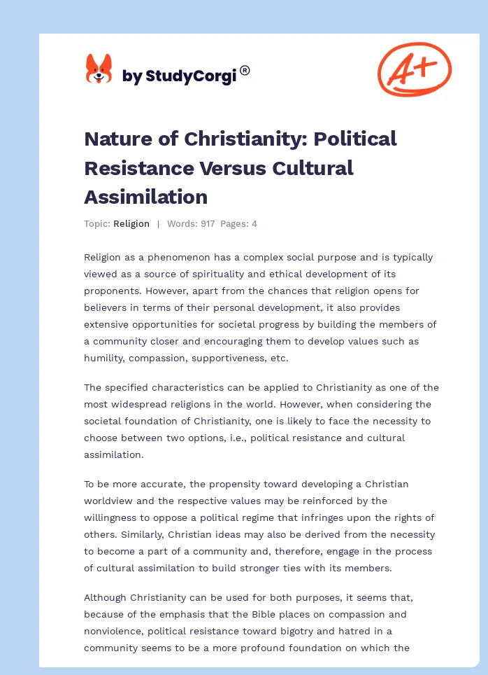 Nature of Christianity: Political Resistance Versus Cultural Assimilation. Page 1