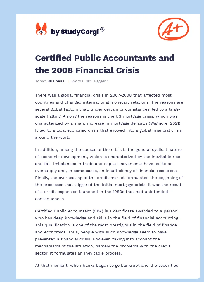 Certified Public Accountants and the 2008 Financial Crisis. Page 1