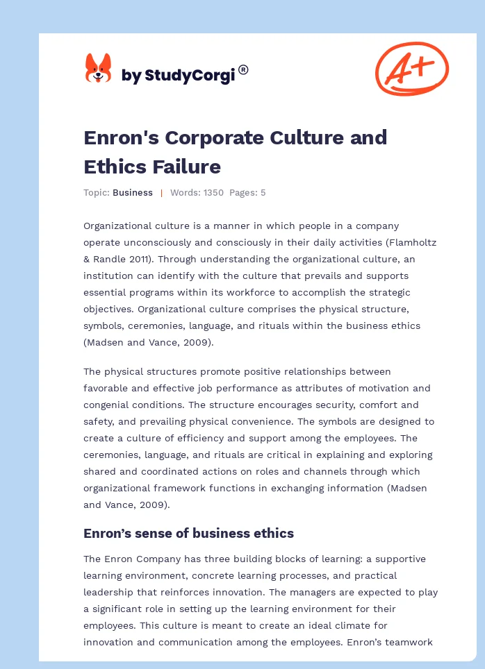 Enron's Corporate Culture and Ethics Failure. Page 1