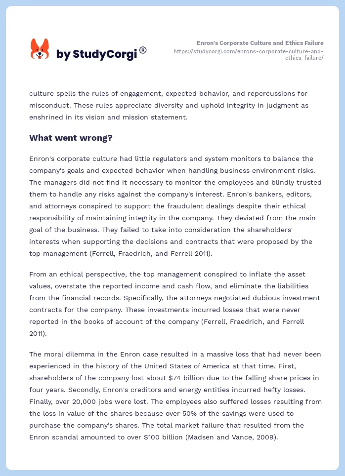 Enron's Corporate Culture and Ethics Failure. Page 2