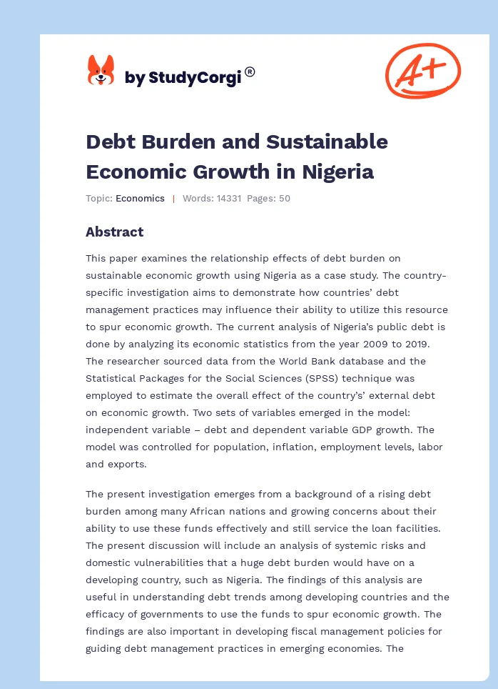 Debt Burden and Sustainable Economic Growth in Nigeria. Page 1