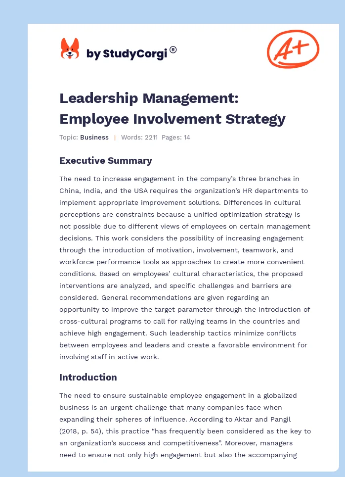 Leadership Management: Employee Involvement Strategy. Page 1