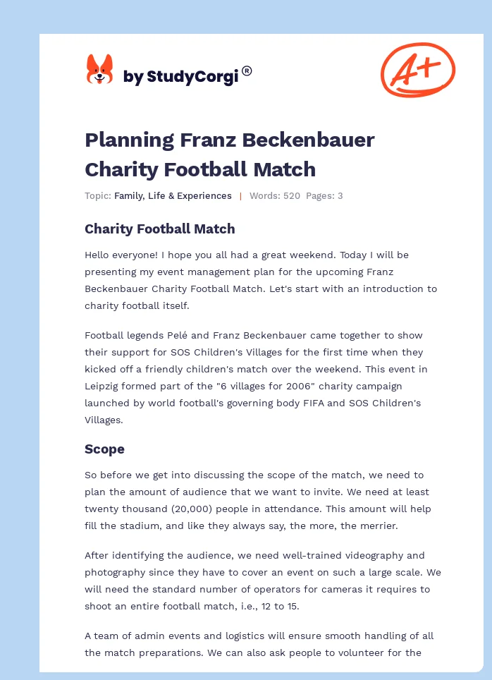 Planning Franz Beckenbauer Charity Football Match. Page 1