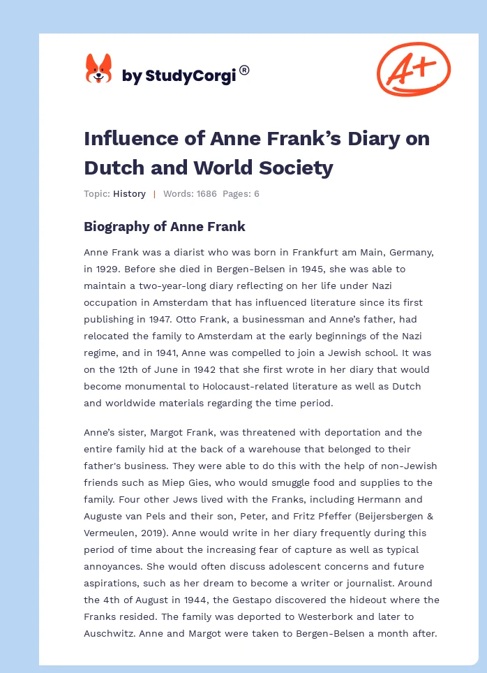 Influence of Anne Frank’s Diary on Dutch and World Society. Page 1