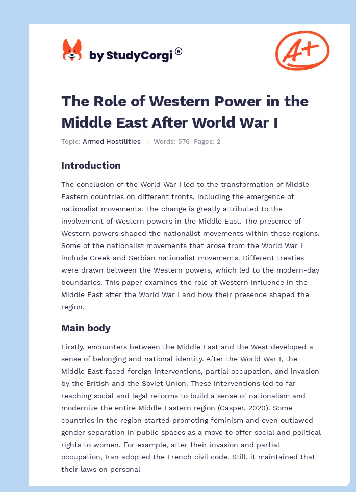 The Role of Western Power in the Middle East After World War I. Page 1