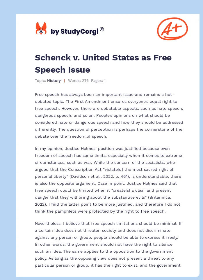 Schenck v. United States as Free Speech Issue. Page 1