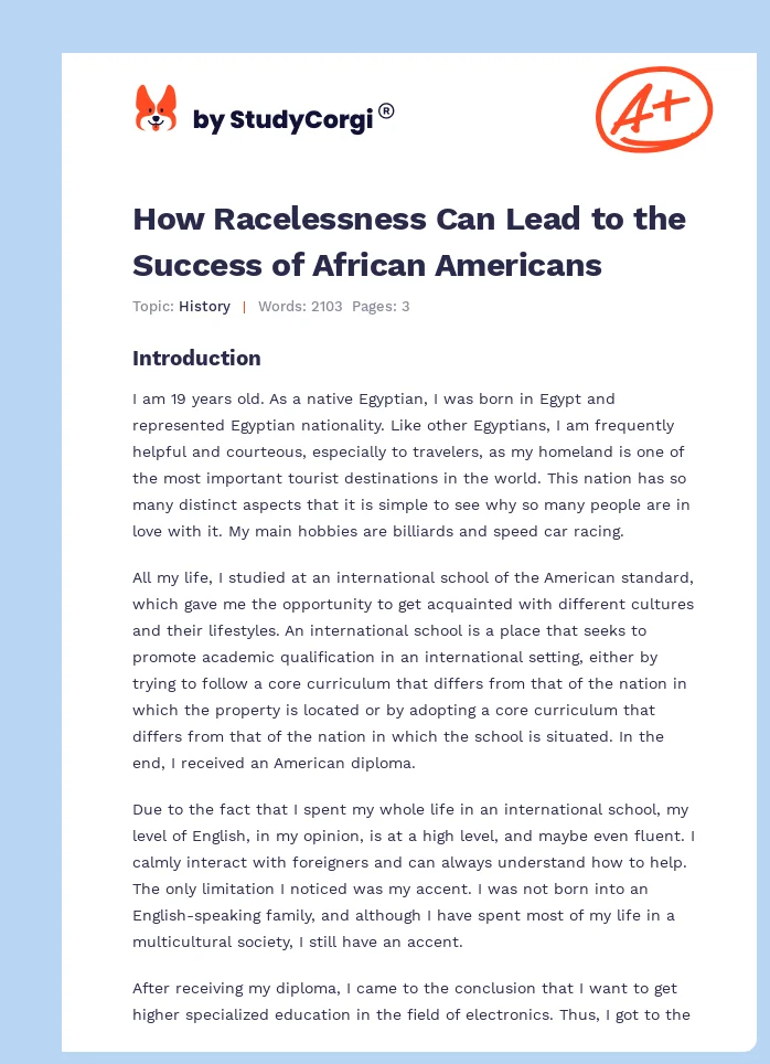How Racelessness Can Lead to the Success of African Americans. Page 1