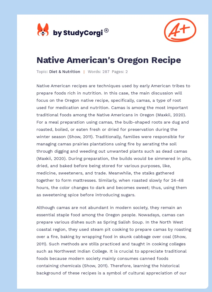 Native American's Oregon Recipe. Page 1