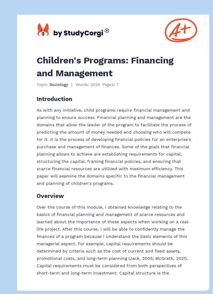 Children's Programs: Financing and Management. Page 1