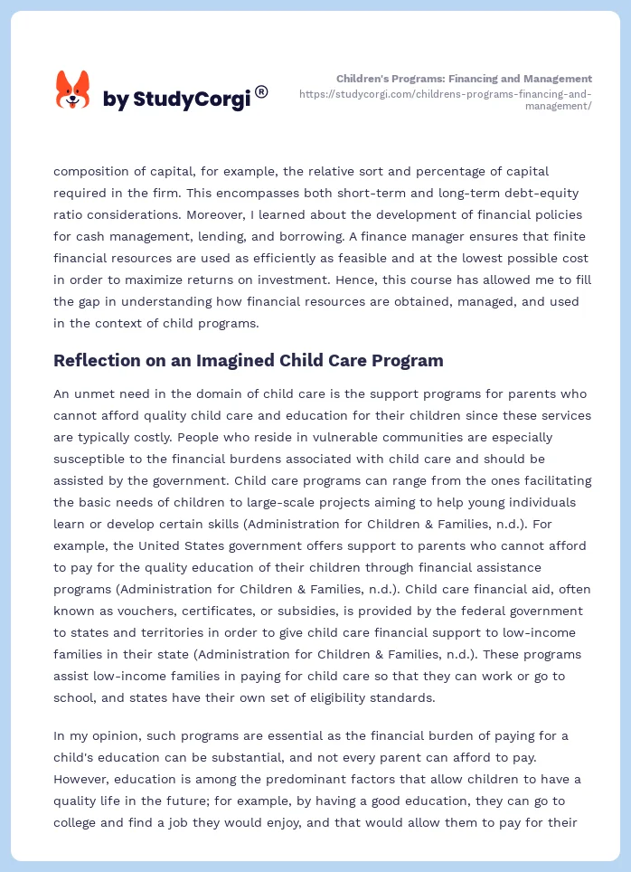 Children's Programs: Financing and Management. Page 2