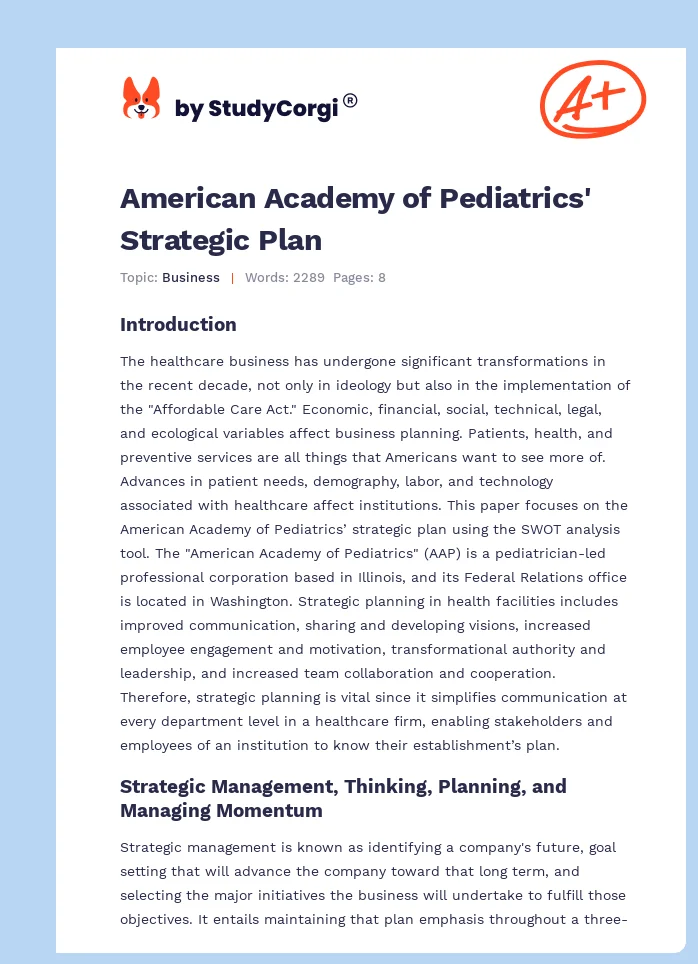 American Academy of Pediatrics' Strategic Plan. Page 1