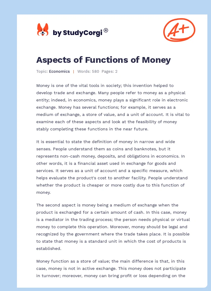 Aspects of Functions of Money. Page 1