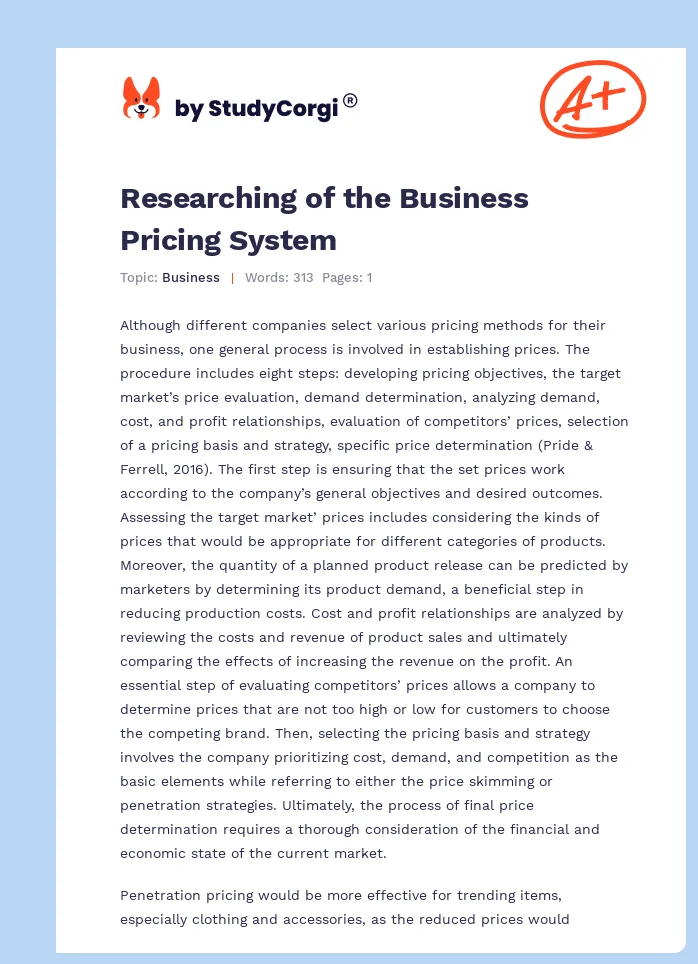 Researching of the Business Pricing System. Page 1