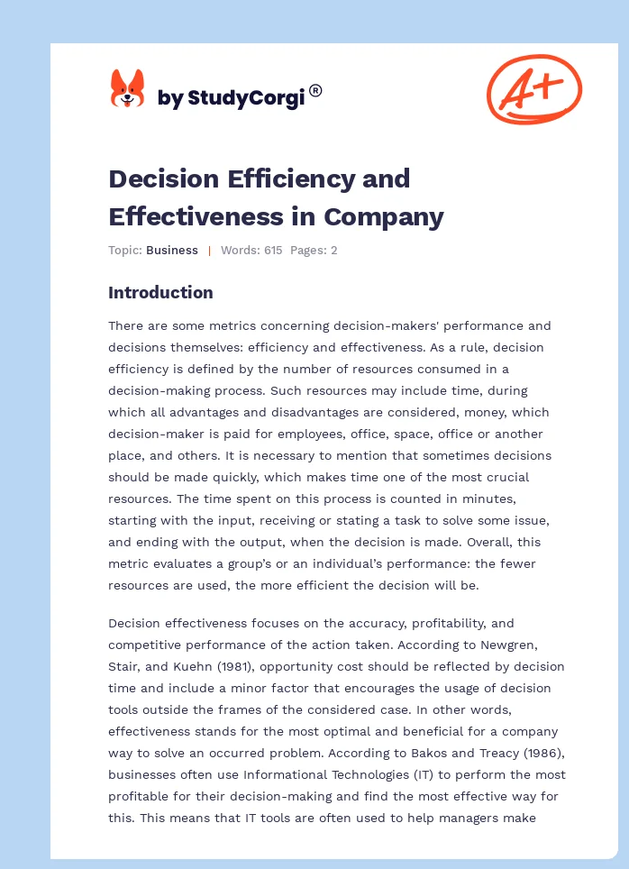 Decision Efficiency and Effectiveness in Company. Page 1