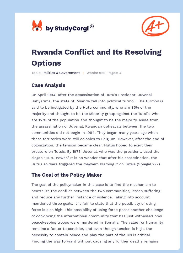 Rwanda Conflict and Its Resolving Options. Page 1