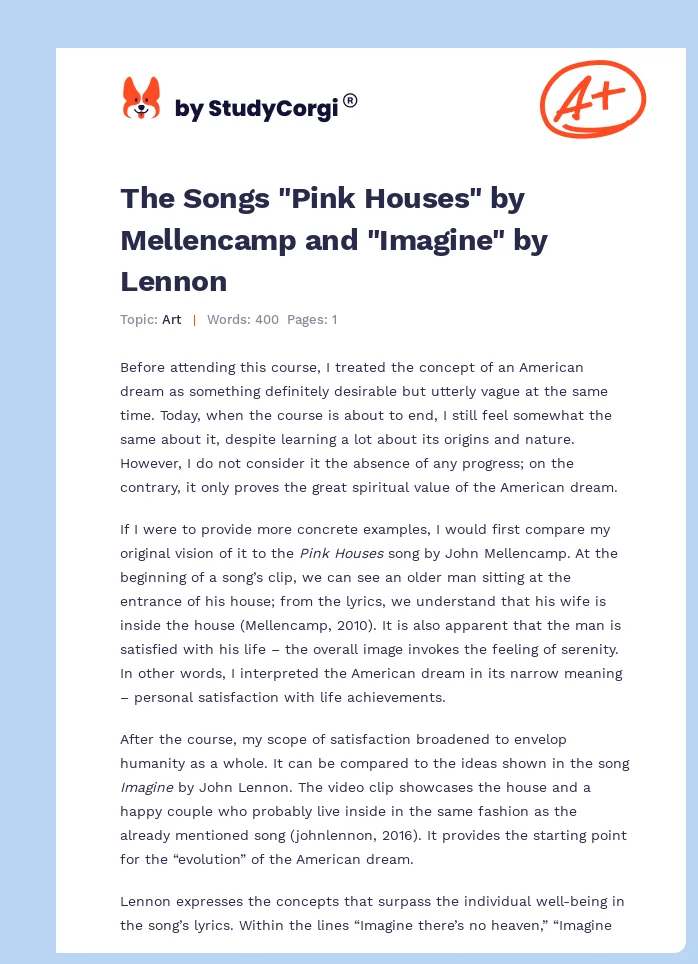 The Songs "Pink Houses" by Mellencamp and "Imagine" by Lennon. Page 1