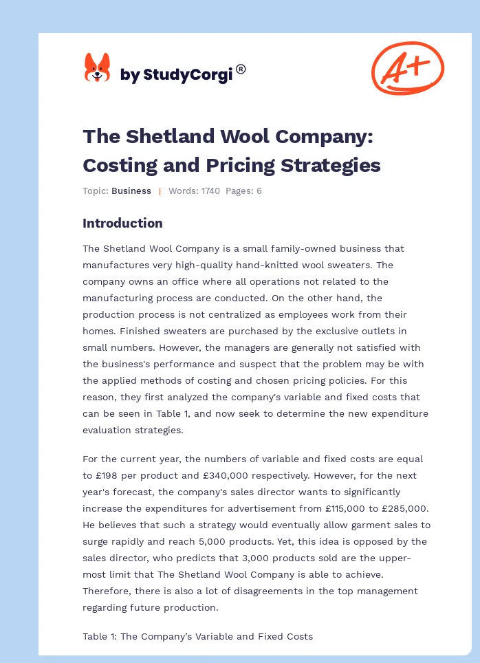 The Shetland Wool Company: Costing and Pricing Strategies. Page 1
