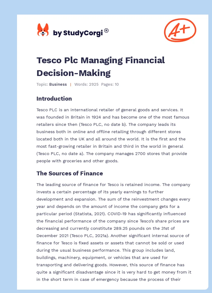 Tesco Plc Managing Financial Decision-Making. Page 1