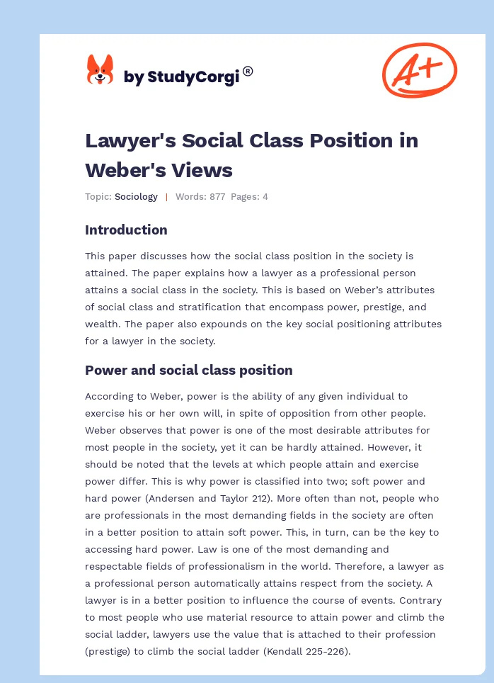 Lawyer's Social Class Position in Weber's Views. Page 1