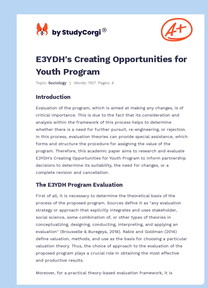 E3YDH's Creating Opportunities for Youth Program. Page 1