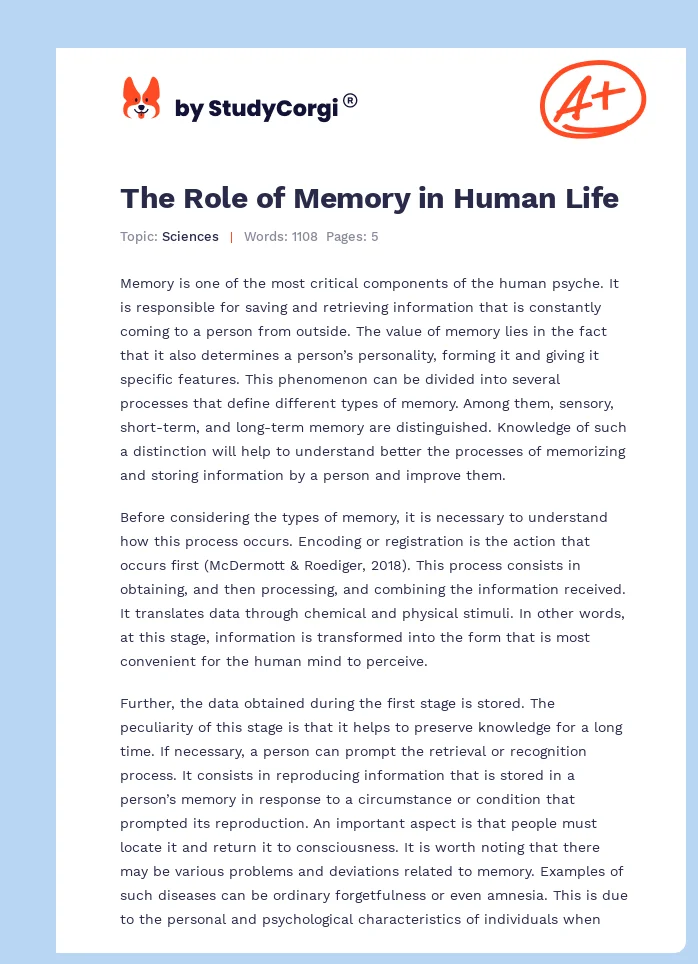 The Role of Memory in Human Life. Page 1