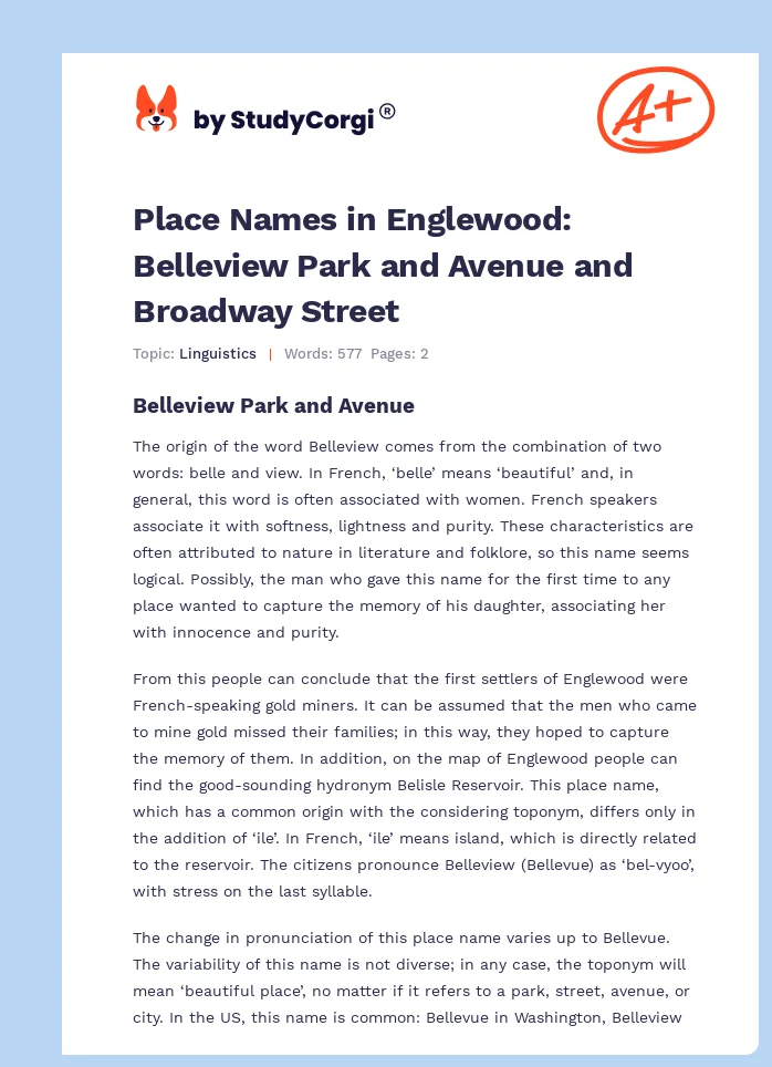 Place Names in Englewood: Belleview Park and Avenue and Broadway Street. Page 1