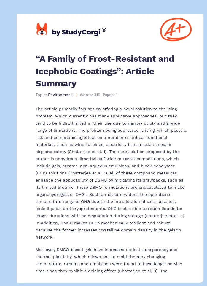 “A Family of Frost-Resistant and Icephobic Coatings”: Article Summary. Page 1