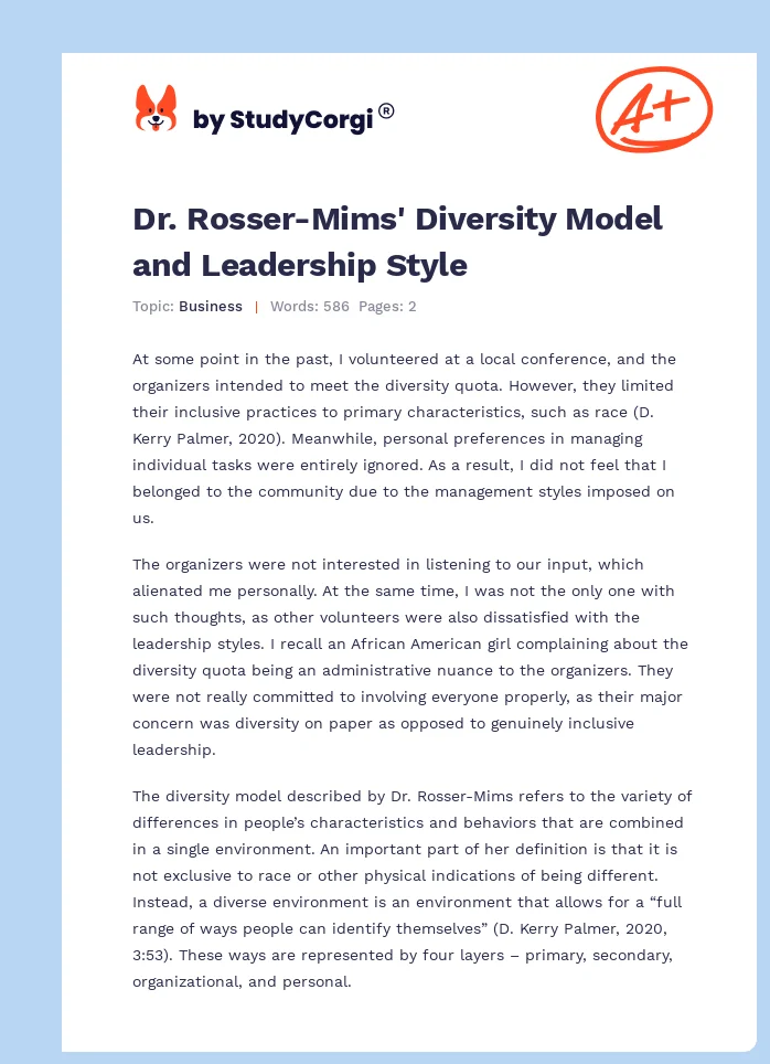 Dr. Rosser-Mims' Diversity Model and Leadership Style. Page 1