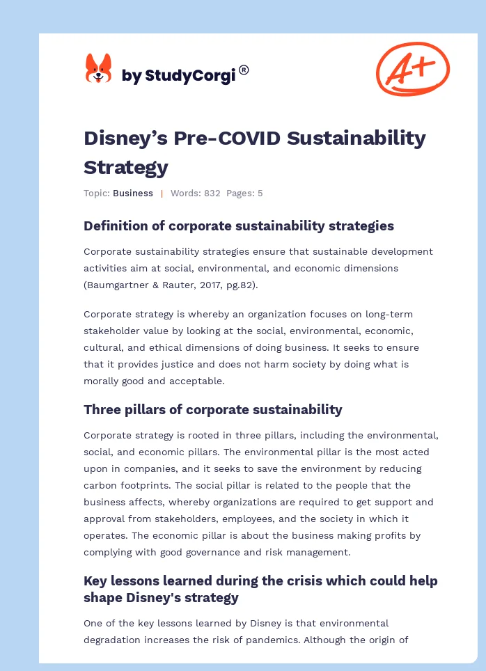 Disney’s Pre-COVID Sustainability Strategy. Page 1