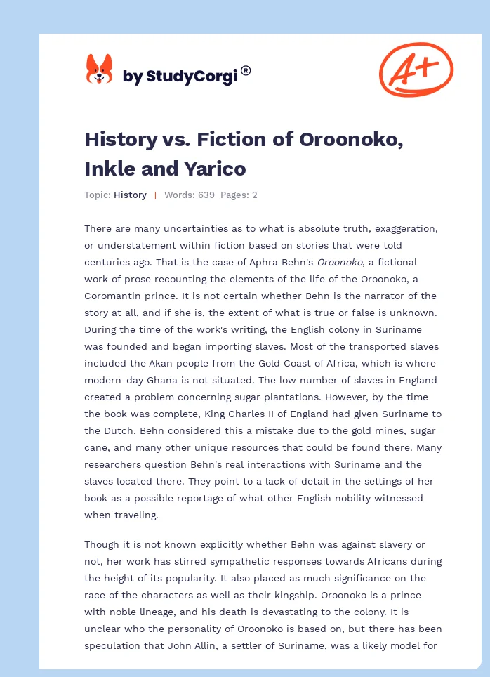 History vs. Fiction of Oroonoko, Inkle and Yarico. Page 1