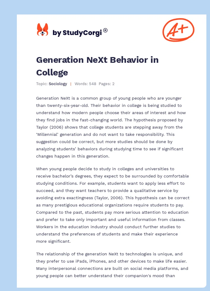 Generation NeXt Behavior in College. Page 1
