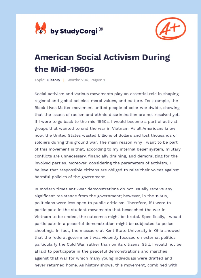 American Social Activism During the Mid-1960s. Page 1