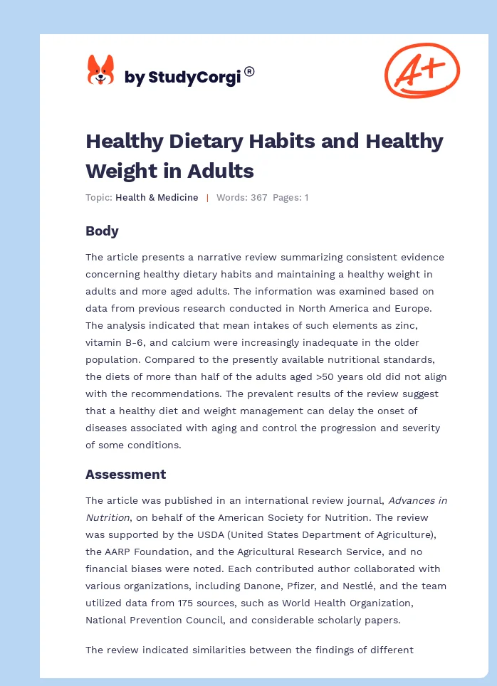 Healthy Dietary Habits and Healthy Weight in Adults. Page 1