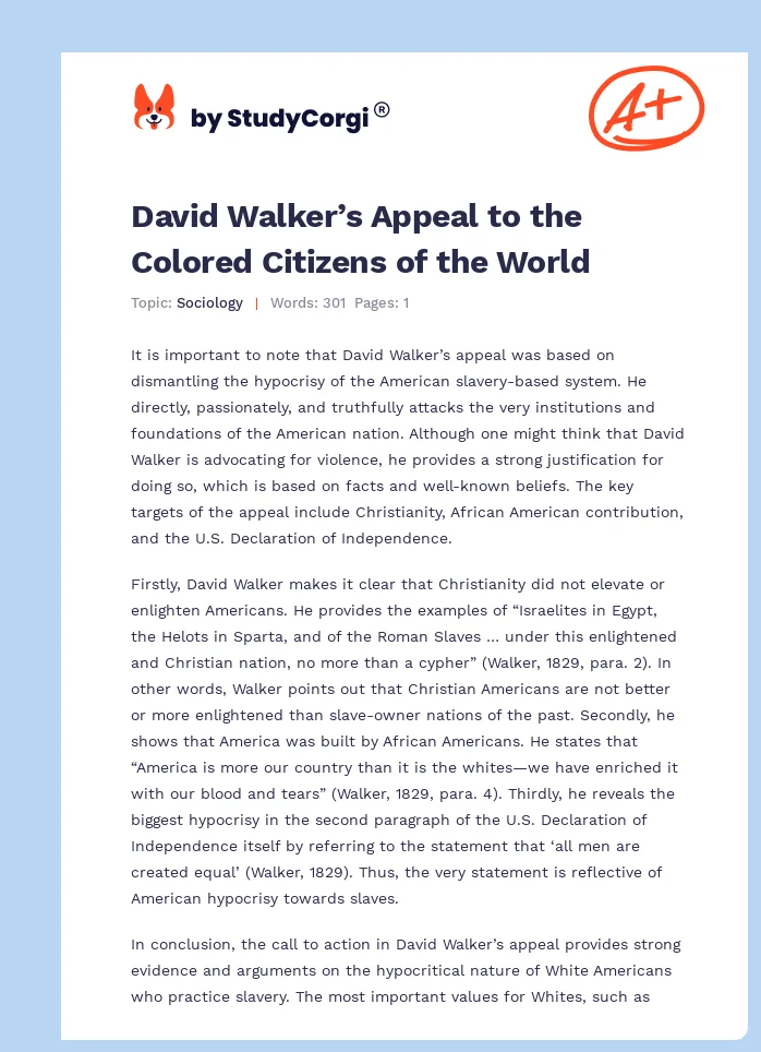David Walker’s Appeal to the Colored Citizens of the World. Page 1