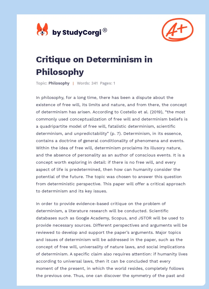 Critique on Determinism in Philosophy. Page 1