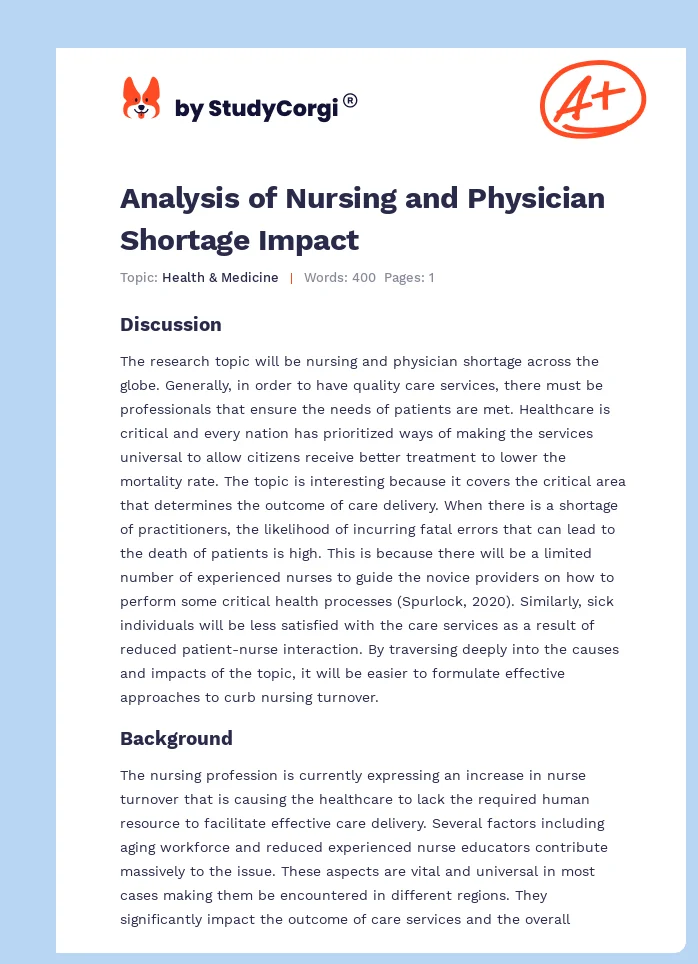 Analysis of Nursing and Physician Shortage Impact. Page 1