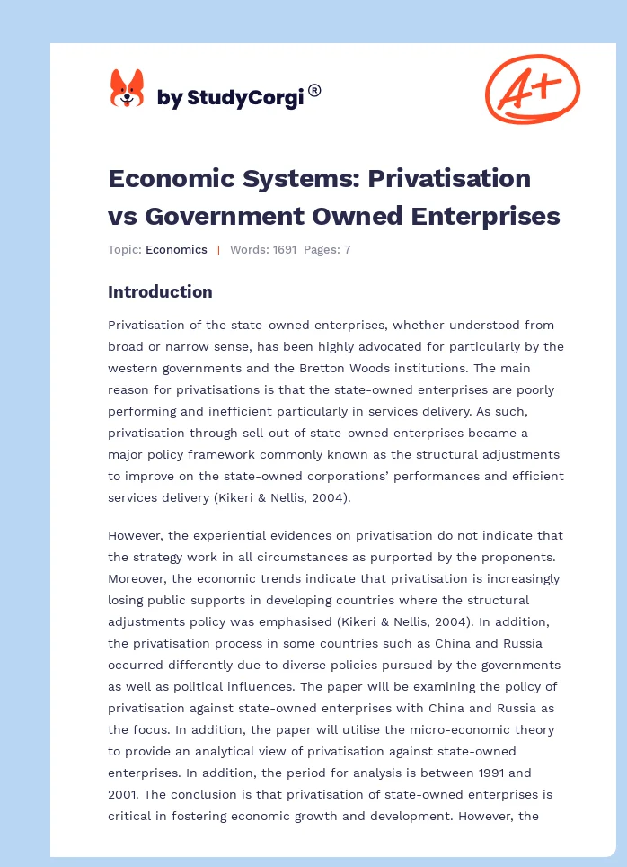 Economic Systems: Privatisation vs Government Owned Enterprises. Page 1