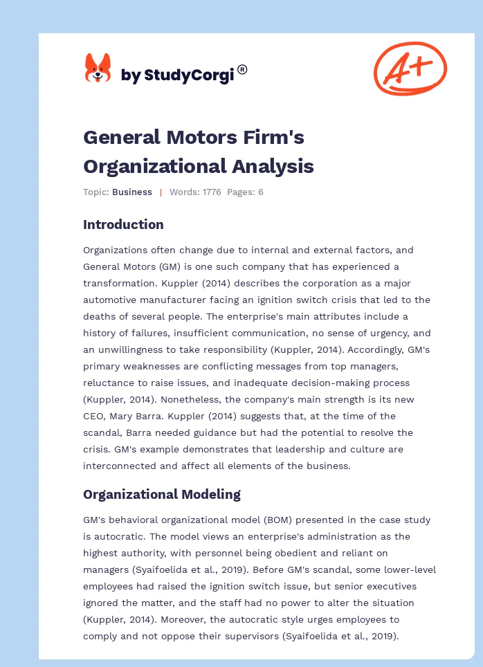 General Motors Firm's Organizational Analysis. Page 1