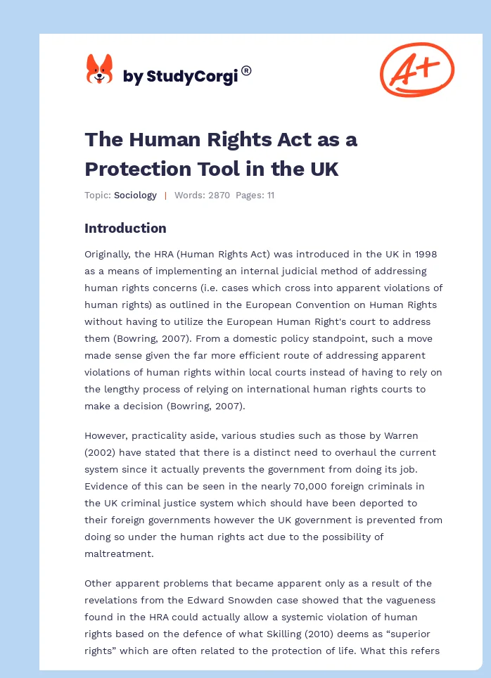 The Human Rights Act as a Protection Tool in the UK. Page 1