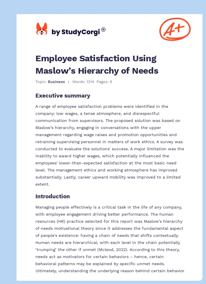 Employee Satisfaction Using Maslow’s Hierarchy of Needs. Page 1