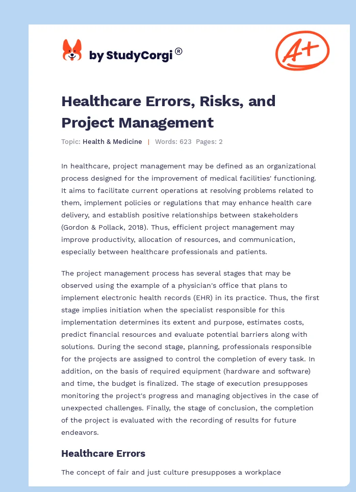 Healthcare Errors, Risks, and Project Management. Page 1
