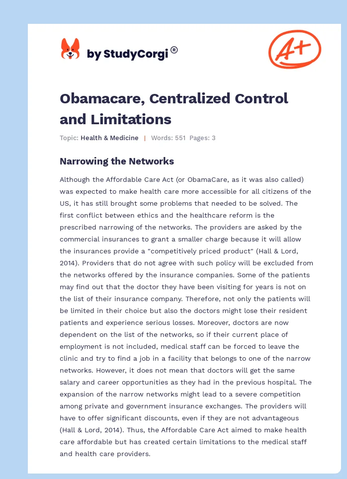 Obamacare, Centralized Control and Limitations. Page 1