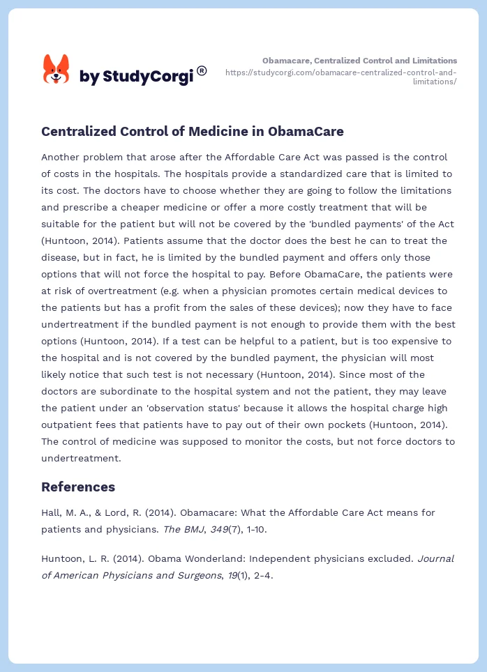 Obamacare, Centralized Control and Limitations. Page 2