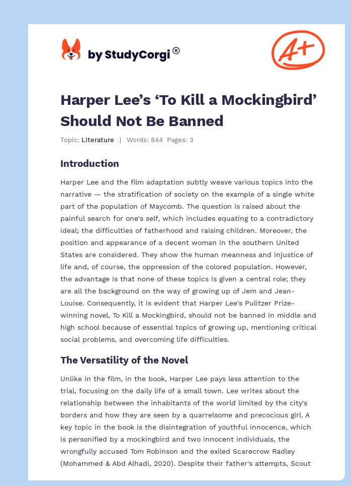 Harper Lee’s ‘To Kill a Mockingbird’ Should Not Be Banned. Page 1