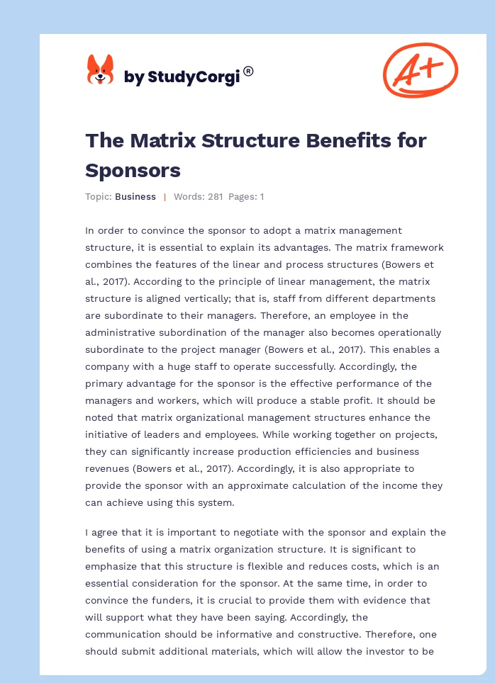 The Matrix Structure Benefits for Sponsors. Page 1