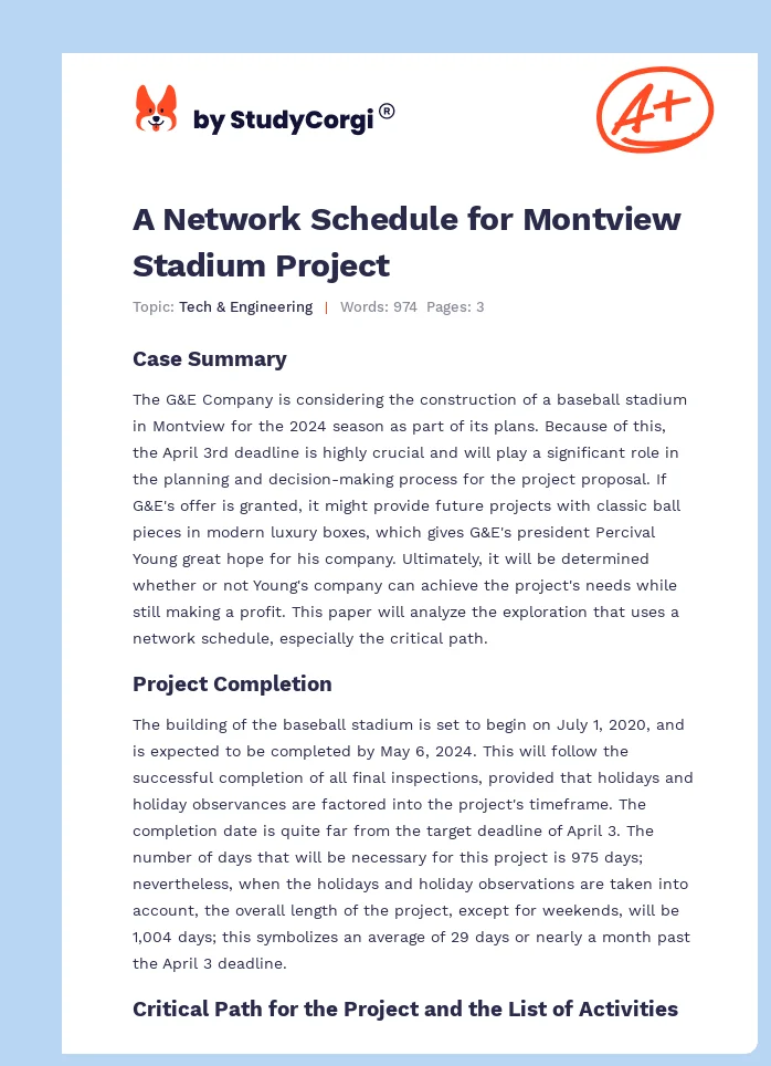 A Network Schedule for Montview Stadium Project. Page 1
